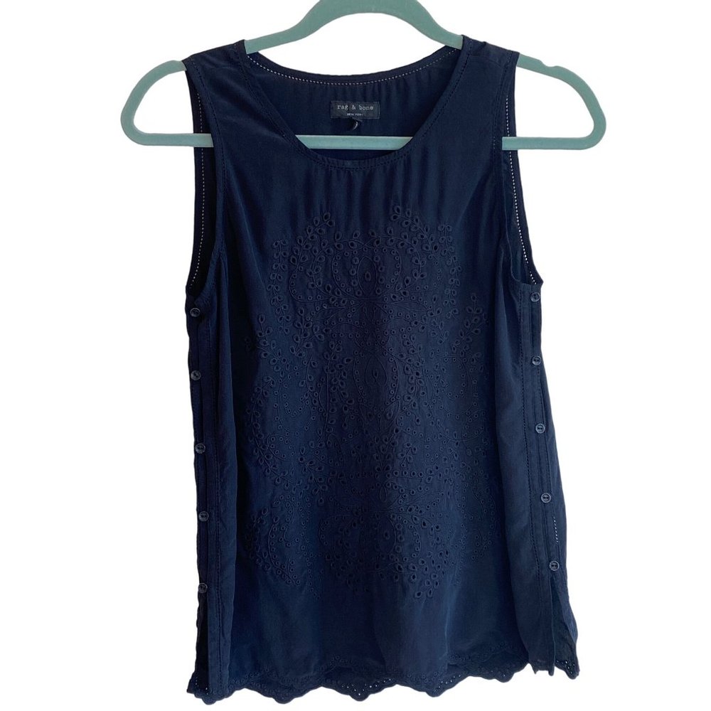 rag & bone Black Silk Eyelet Camisole Blouse Sleeveless Top Side Buttons XS/S - Picture 3 of 13